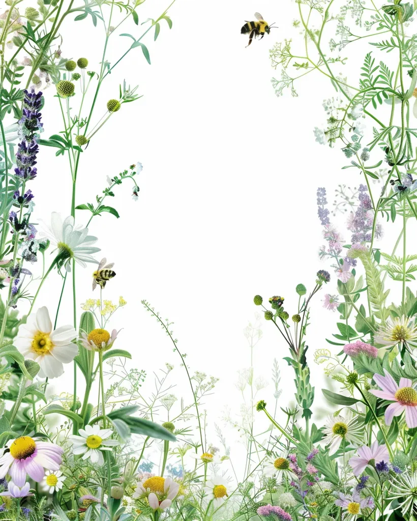 The image shows a white background framed by a border of lush, green foliage and delicate wildflowers. The wildflowers are a mix of white daisies, purple lavender, and small pink blossoms, adding pops of color to the otherwise green border. A single bee is shown flying in the top right corner, adding a touch of movement to the image. The overall effect is one of beauty, peace, and tranquility.