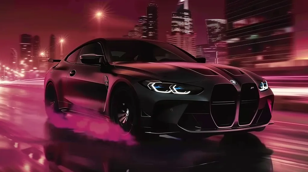 A black BMW M4 Coupe is speeding through a city at night.  The car's headlights are on, illuminating the road ahead.  The city lights blur in the background, creating a sense of motion.  The car's sleek design and aggressive stance make it look like a powerful machine ready to conquer the streets.  The dark colour and red accents create a mysterious and sporty feel.