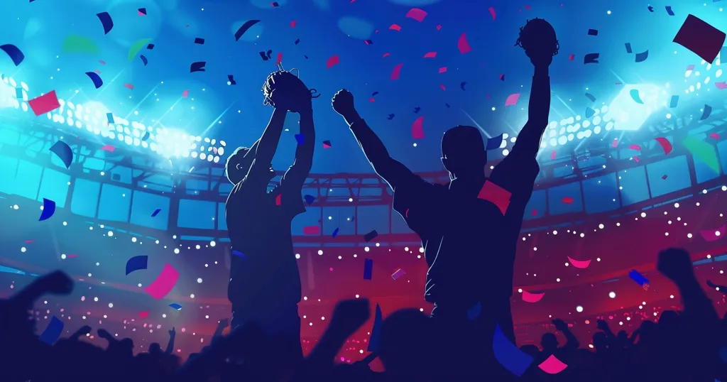 Two silhouetted figures stand on a stage bathed in blue and red light, raising their arms in victory. They are surrounded by a cheering crowd, confetti, and the bright lights of a stadium. The scene is energetic and celebratory, capturing the thrill of a sporting event win.