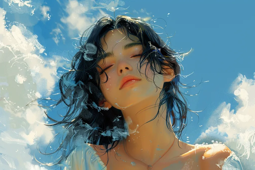 A young woman with long black hair is pictured against a blue sky with white clouds. Her eyes are closed and her face is bathed in a warm glow. Her hair is flowing in the wind and she appears to be serene and at peace. The image is painted in a soft, dreamy style.  The artist has used a lot of blue and white tones, which creates a feeling of calmness and tranquility. The overall impression is one of peace and beauty.