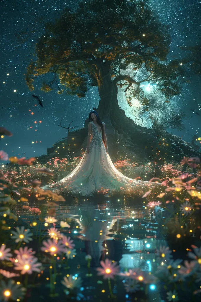 A woman in a flowing white gown stands beneath a large tree in a magical forest.  The night sky is filled with stars and the ground is covered in glowing flowers. The reflection of the woman and the stars can be seen in the water of a pond, enhancing the ethereal and otherworldly ambiance.