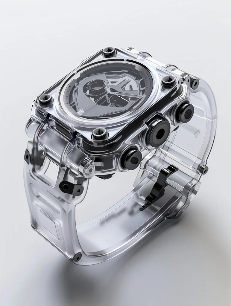 The image shows a transparent wristwatch with a black face. The watch has a square face with a clear plastic band.  The watch face has a black, complex design. The watch is on a white background.  The watch is a futuristic design and is a unique piece.