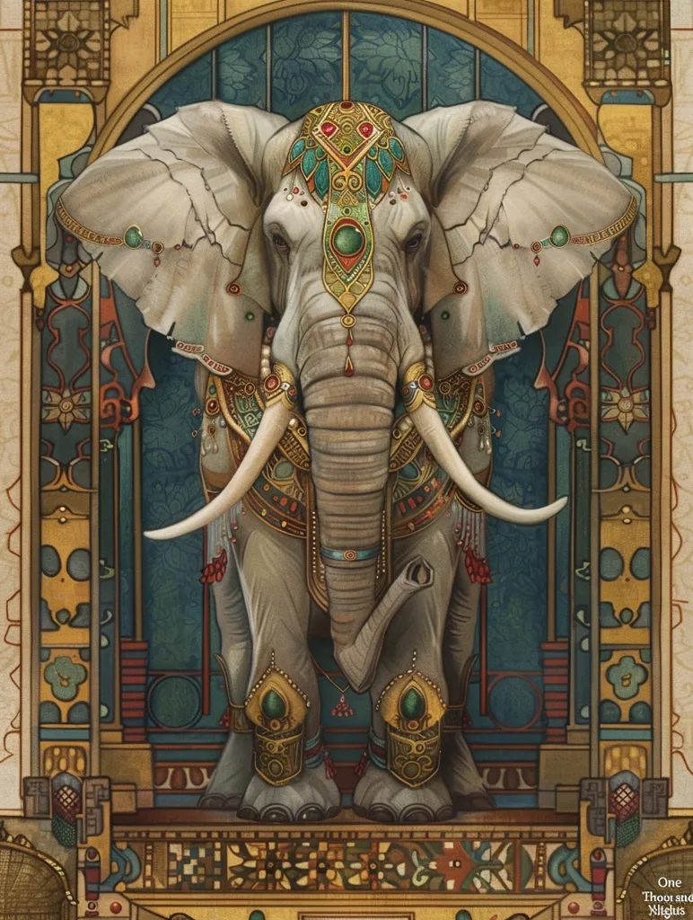 A majestic white elephant adorned with ornate gold and jewel-encrusted adornments stands within a grand, intricately patterned archway. The elephant's head is held high, showcasing its tusks and wise, soulful eyes. The background features a rich tapestry of geometric designs and vibrant colors, creating a sense of grandeur and mystery. The image is a visual representation of the exotic and mystical qualities of the Orient.