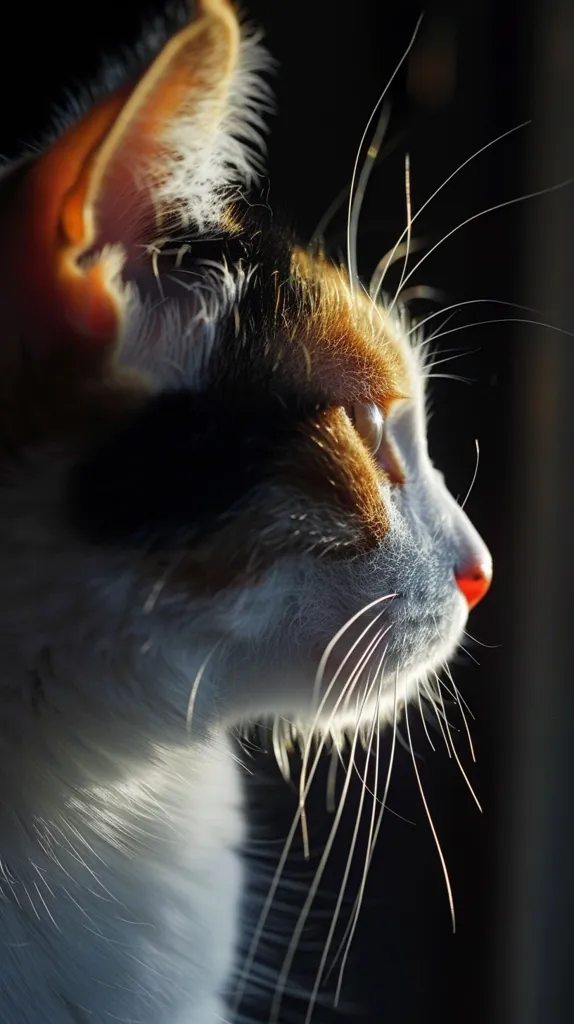 A close-up of a calico cat's profile, with its long white whiskers extending out from its face. The cat is looking off to the side, and the light catches its fur, highlighting the texture. The background is dark, creating a strong contrast and emphasizing the cat's features. The photo captures the cat's delicate beauty and the intricate details of its fur.