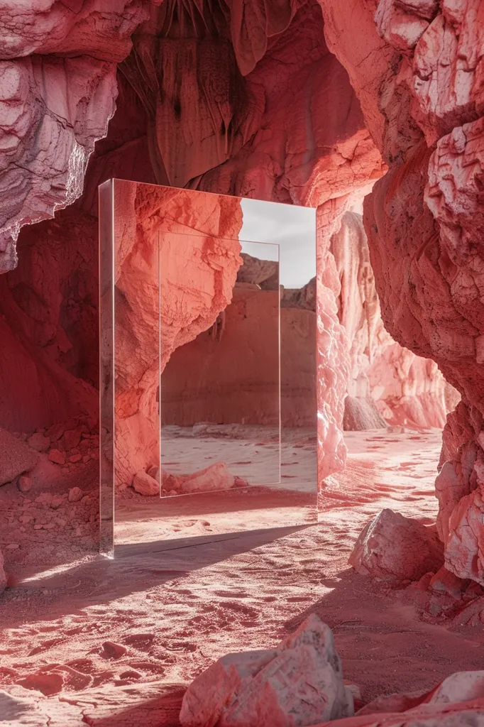 A large, rectangular mirror stands in a desert landscape of pink sandstone formations. The mirror reflects the surrounding rock formations, creating a surreal and abstract scene. The light casts shadows on the ground, adding depth and dimension to the image. The overall effect is one of otherworldly beauty and a sense of mystery.