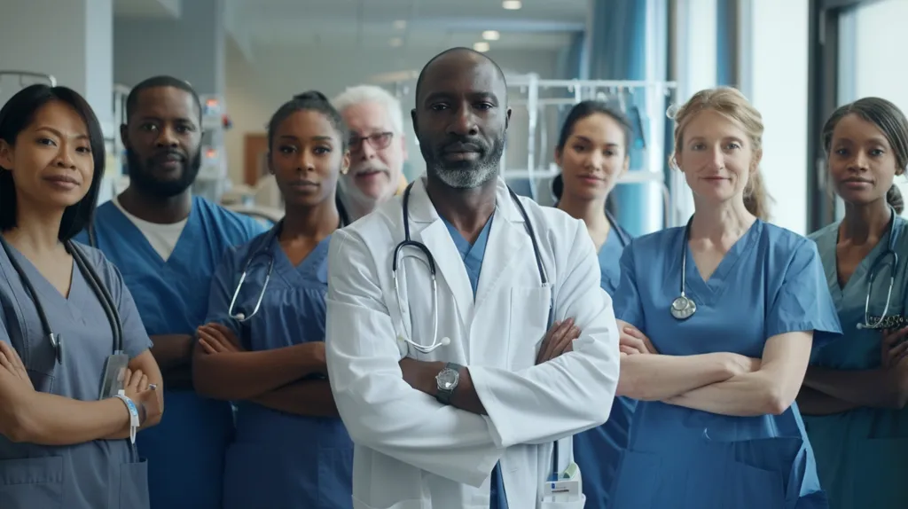 A group of five medical professionals stand in a hospital hallway. They are all wearing scrubs and stethoscopes. The doctor in the center is wearing a white coat. The group is looking at the camera with serious expressions. The scene is professional and confident.