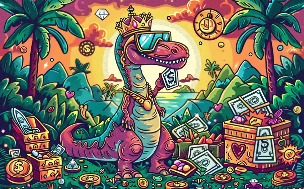 A cartoon dinosaur wearing a crown, sunglasses, and a gold chain stands in a tropical jungle. The dinosaur is holding a stack of money. There are stacks of money, treasure chests, and tropical plants surrounding the dinosaur. The scene is vibrant and colorful, with a sunset in the background.  The image appears to be a humorous depiction of wealth and luxury.