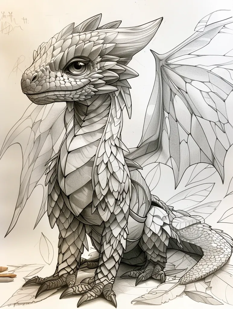 A detailed pencil drawing of a small, dragon-like creature. Its body is covered in intricate scales and its wings are spread out behind it. The creature has a small, delicate face with large, expressive eyes. It sits on a bed of leaves with a background of more leaves.  The artist used shading to give the dragon a sense of volume and texture.  The drawing is incredibly realistic and captures the beauty of the creature in a captivating way.