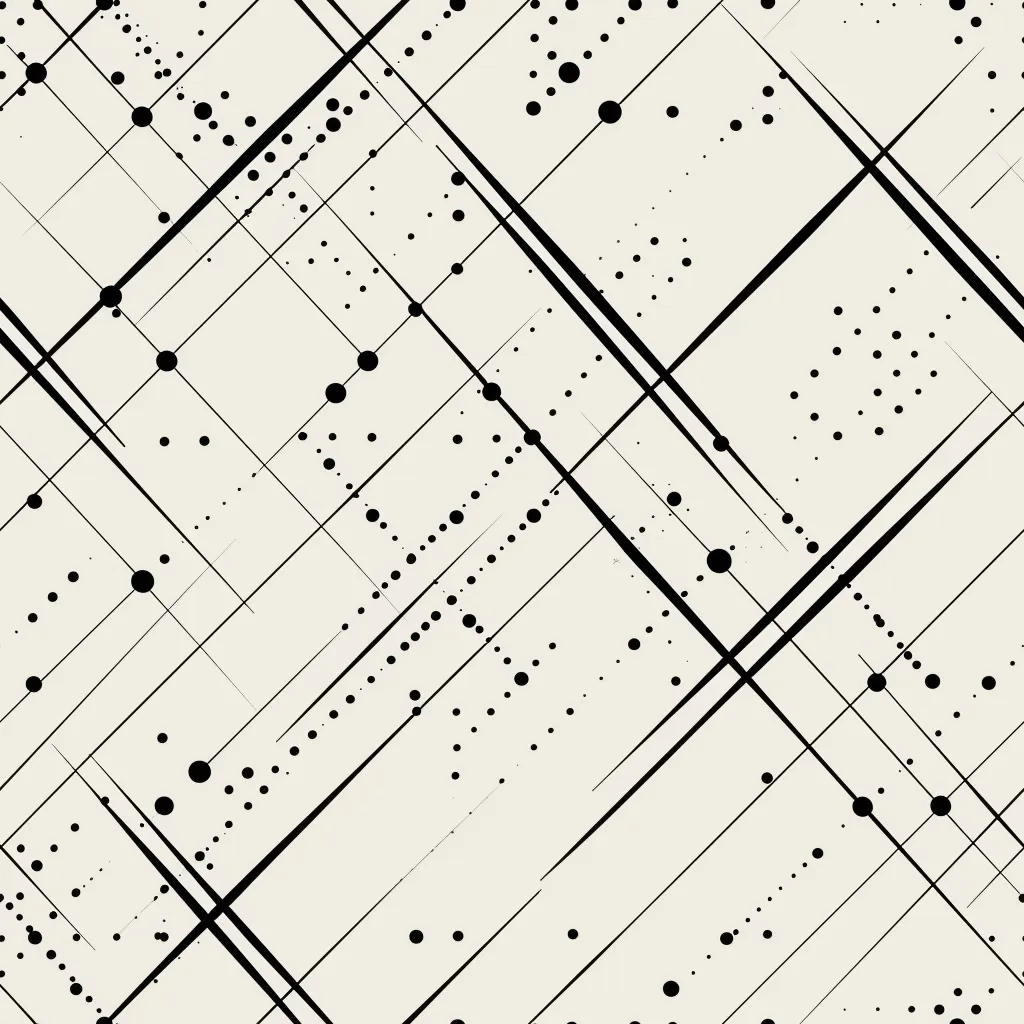 The image is a simple abstract pattern with thin black lines crossing over each other at different angles, creating a grid. Sparse black dots are scattered across the grid, creating a subtle visual rhythm. The background is a pale beige color. The composition is simple and minimalist, suggesting a sense of order and structure.