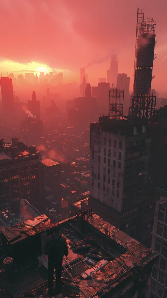 The image depicts a city skyline at sunset. The sky is a vibrant orange-red, casting a warm glow over the cityscape. A single figure stands on a rooftop, overlooking the densely packed buildings. The buildings are mostly tall and narrow, with some showing signs of decay and neglect. The overall atmosphere is one of desolation and decay, hinting at a post-apocalyptic setting.