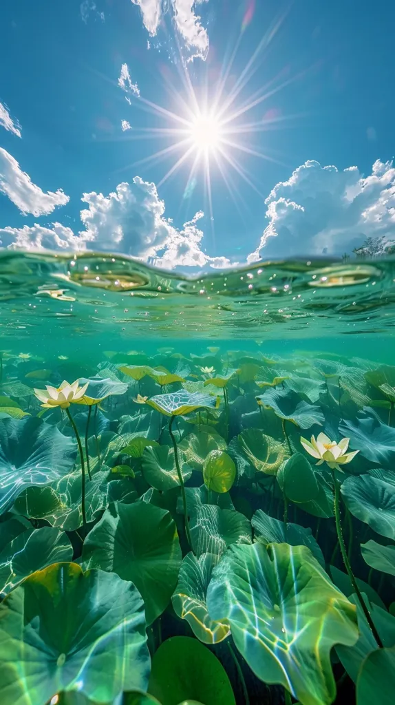 The image shows a serene underwater scene with a bed of lotus flowers and their large, green leaves. The sunlight shines through the water, creating a dazzling effect on the leaves. Above the water, a bright blue sky with puffy white clouds and a sun shining brightly can be seen. The image captures the beauty and tranquility of nature.