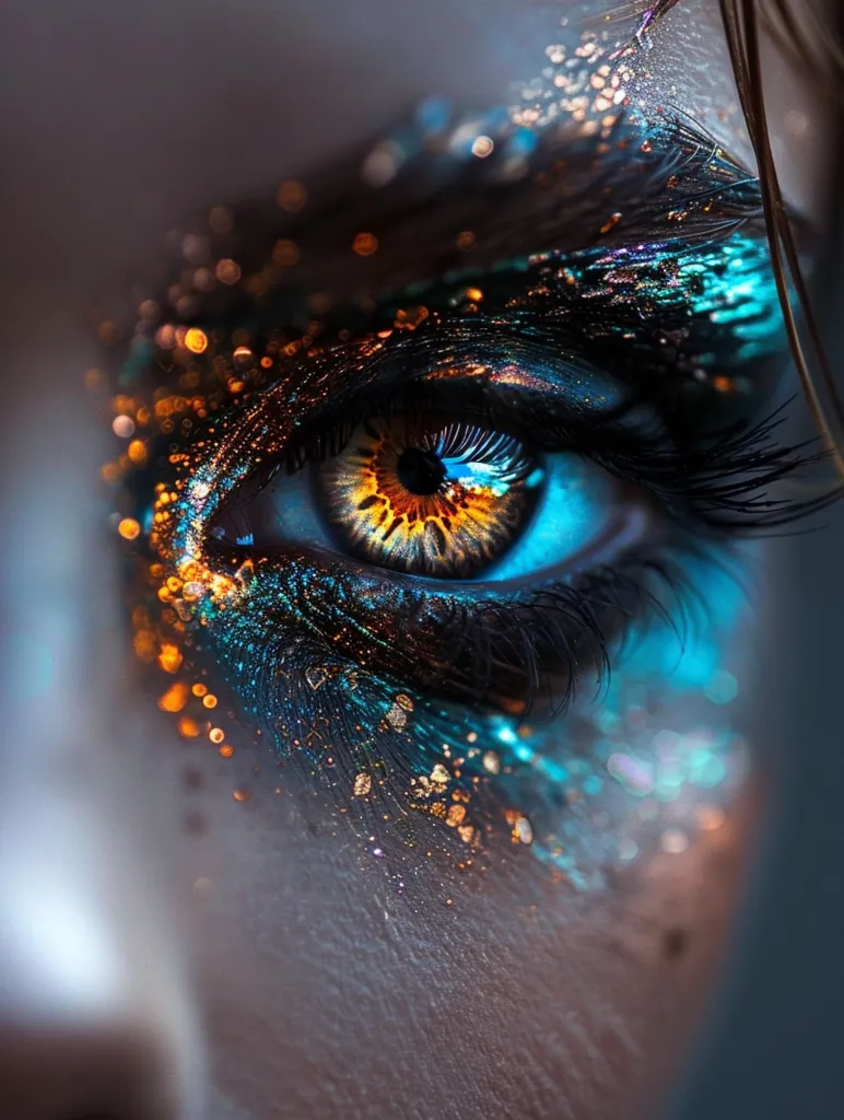 A close-up of a woman's eye with elaborate makeup.  Her eye is a vibrant blue, with a golden iris and black eyelashes.  The surrounding skin is covered in a sparkling blue and gold glitter, creating a shimmering and magical effect.  The image is taken from a low angle, highlighting the details of the makeup.