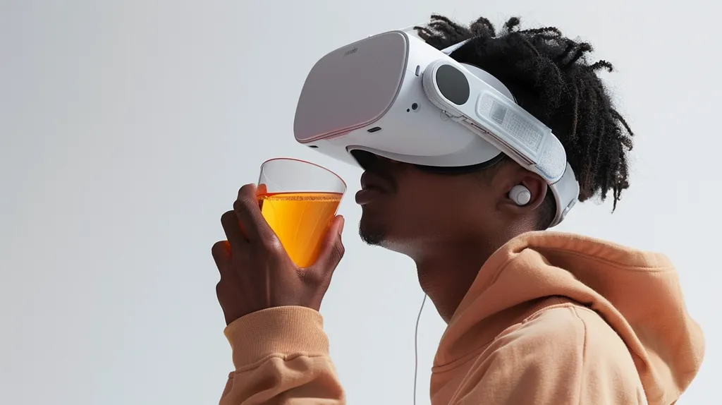 A young man wearing a white VR headset and a peach hoodie holds a glass of orange juice to his lips. He is looking down and away from the camera, lost in the virtual world. He appears to be enjoying his drink and the immersive experience. The background is a plain white wall.