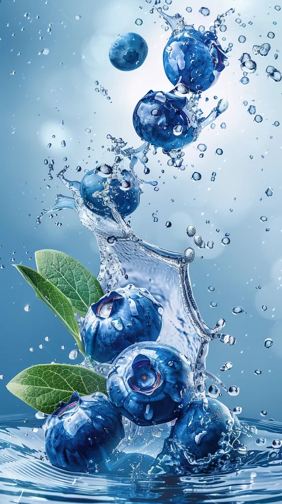 Several ripe blueberries are splashing into a pool of clear water. The water creates a dramatic spray of droplets around the fruit, making them appear suspended in the air. Green leaves are also present, adding a touch of freshness to the scene.  The image captures a moment of vibrant, juicy energy.