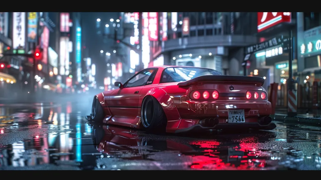A red sports car sits in a rain-soaked street in a bustling city. The car has wide, low-profile tires and a rear spoiler. Neon lights reflect off the wet pavement, creating a vibrant atmosphere. The blurry background suggests fast movement, while the car's stillness creates a sense of anticipation.  The scene evokes a feeling of urban energy and high-performance driving.