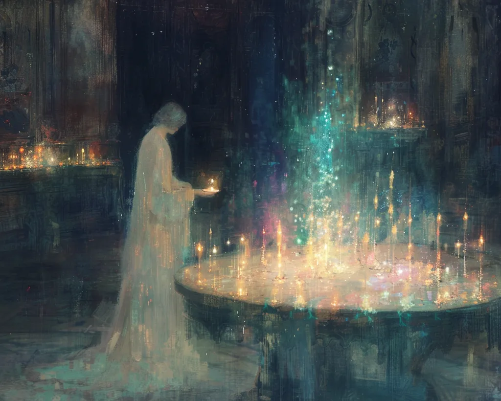 A woman in a flowing white gown stands in a dimly lit room. She holds a candle in her hand, the flame casting a warm glow on her face. The room is filled with glowing orbs, some floating in the air, others on a large table in the center. The scene is dreamlike and ethereal, with an air of magic and mystery. The colors are soft and muted, creating a sense of tranquility and peace.