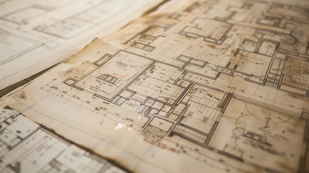 The image shows several sheets of old, yellowed blueprints, laid out on top of each other. The blueprints are detailed with lines and handwritten notes, depicting a building plan. The faded ink and age-worn paper suggest these plans are historical, possibly from a bygone era of construction. The intricate details hint at the meticulous planning and craftsmanship of the past.