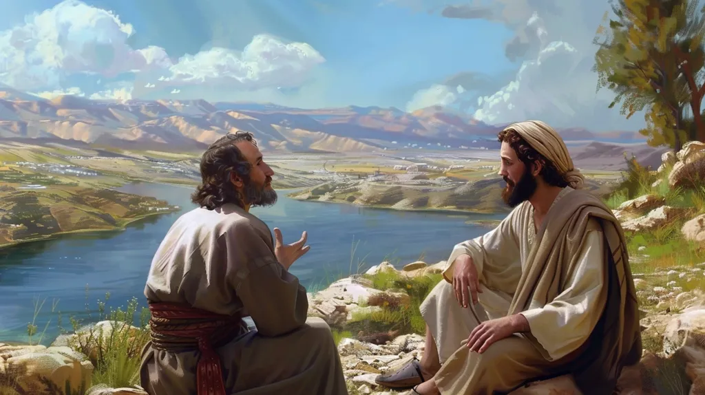 Two men, dressed in robes, sit on a rocky hillside overlooking a valley and lake. They are in conversation, with one gesturing with his hand. The sky is bright blue with white clouds, and the landscape is painted with vibrant hues of green, brown, and blue. The image evokes a sense of tranquility and contemplation.