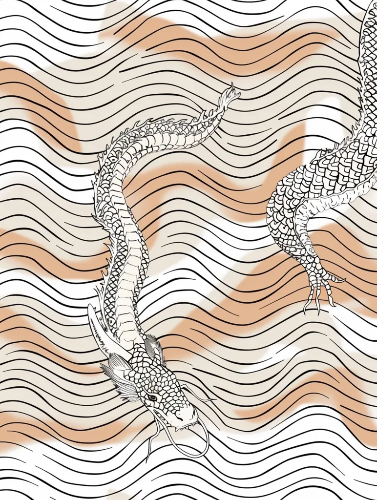 A black and white line drawing of a dragon swimming through wavy lines. The background is a soft peach color and the dragon's scales are intricate and detailed. The image has a traditional Japanese feel and evokes a sense of movement and power.  The dragon's tail and head are visible and the rest of the body is obscured by the lines.