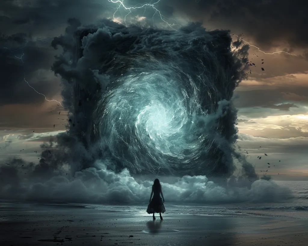 The image depicts a swirling vortex of energy, shaped like a giant doorway, in a stormy sky above a beach. The vortex is a vibrant blue and white, contrasting with the dark clouds and the stormy sea. A lone figure in a black dress stands on the beach, facing the vortex, seemingly contemplating the unknown. The image conveys a sense of mystery and wonder, perhaps suggesting a portal to another dimension or a journey into the unknown. The stormy setting adds a sense of danger and excitement, heightening the feeling of anticipation and uncertainty.
