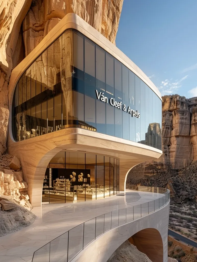 A modern, minimalist building with large glass windows and a curved design seamlessly blends into a rocky cliffside. The building features a balcony with a glass railing, offering panoramic views of the surrounding desert landscape. The signage above the entrance reads "Van Cleef & Arpels," indicating the building's purpose as a luxury retail space. The warm sunlight casts long shadows on the facade, highlighting the building's architectural details. The image captures a sense of tranquility and luxury in a striking natural setting.