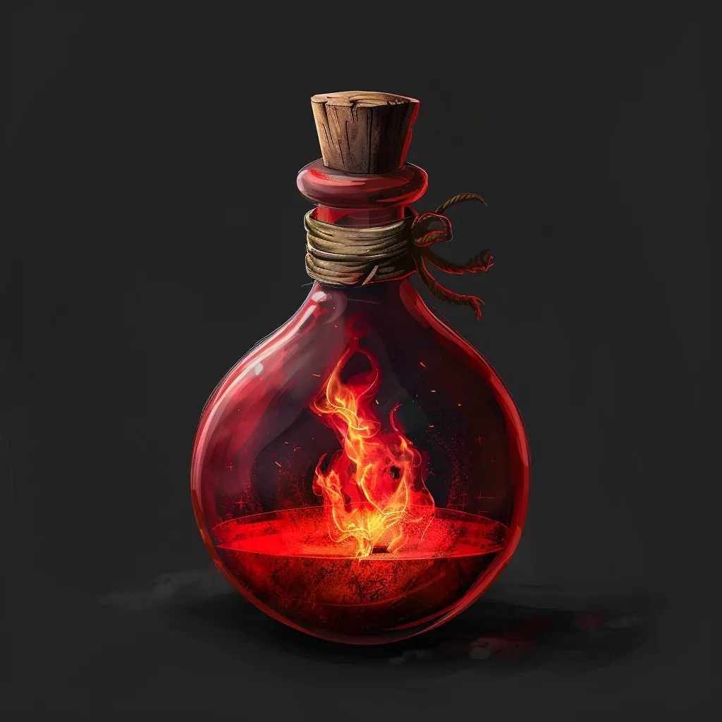 A glass bottle with a cork top and a twine closure, filled with a red liquid and a small flame flickering within.  The bottle is round and has a wide base, and the flames are a bright orange and red. The background is a dark gray, making the bottle and flames stand out. The image is stylized and looks like it could be from a fantasy or video game.