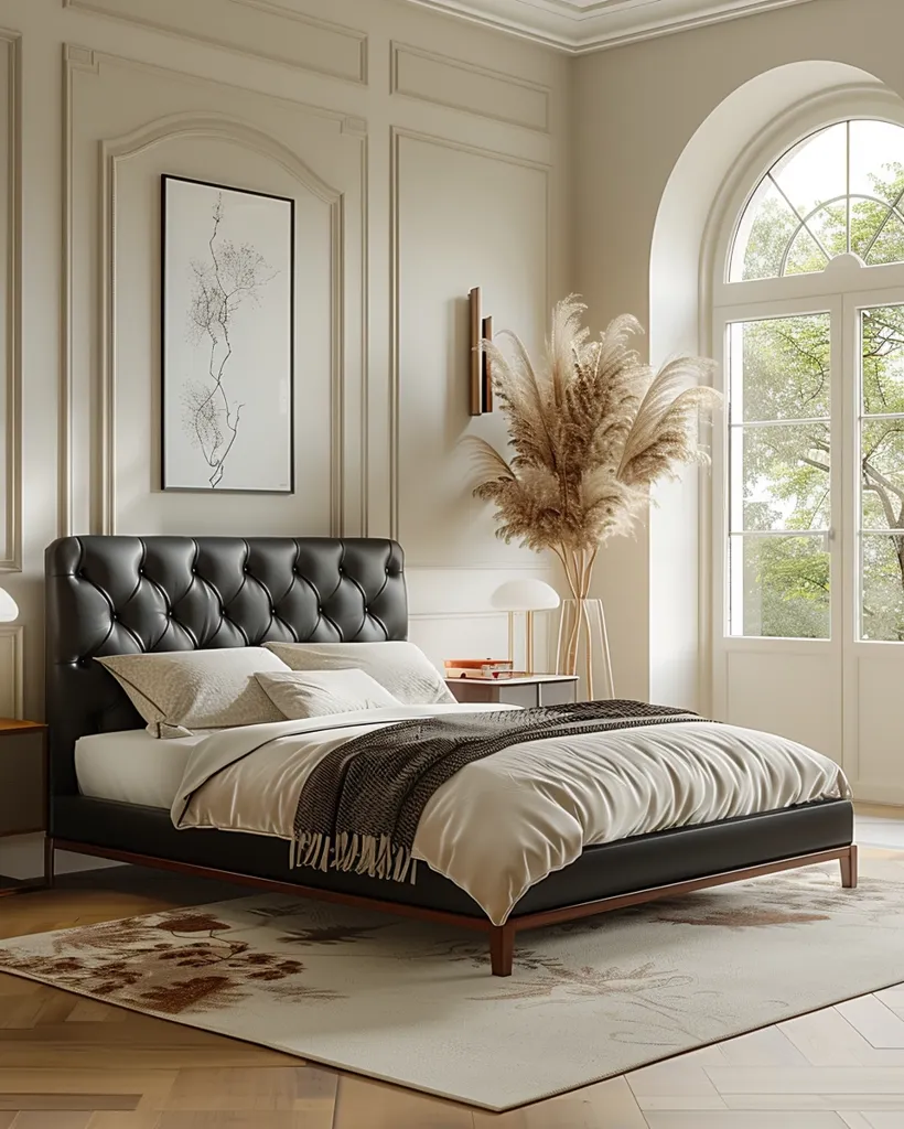 A luxurious bedroom with a black leather tufted bed, white bedding, and a brown throw blanket. The room features a large arched window with a view of lush greenery, a framed print on the wall, and a vase with dried pampas grass. The wooden floor is accented with a plush rug. The overall ambiance is elegant and inviting.