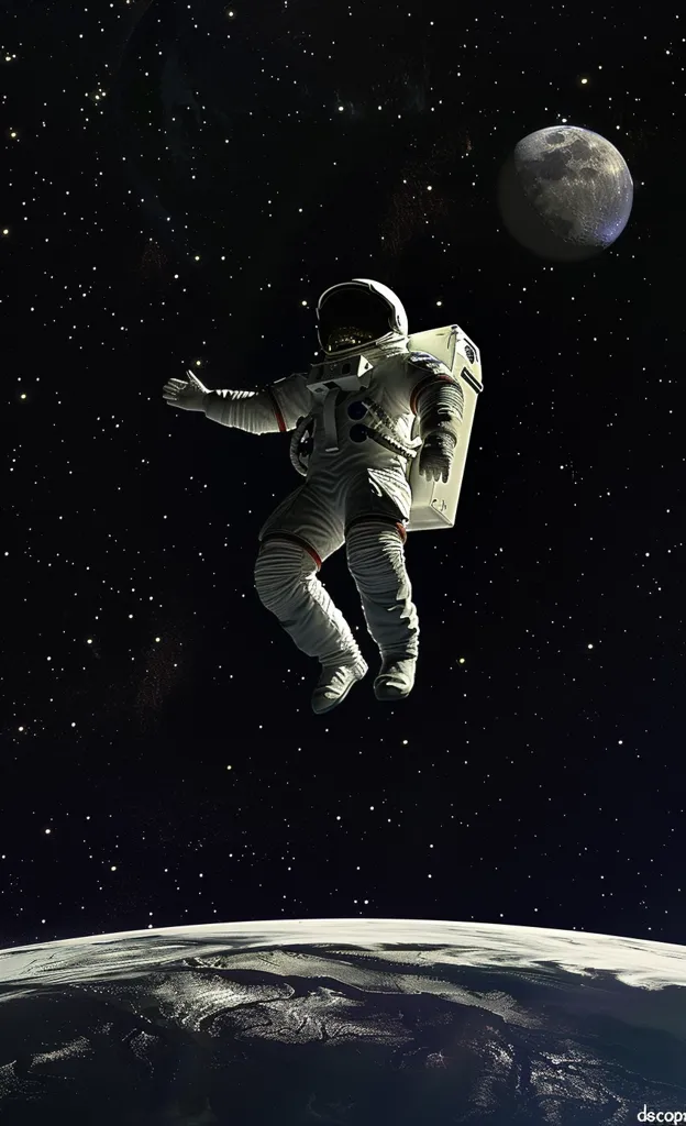 The image depicts a lone astronaut floating in space, with a full moon in the background and Earth's horizon visible below. The astronaut is wearing a white spacesuit and a helmet, with a backpack attached. The astronaut's arms are outstretched, and they appear to be looking at something in the distance. The image is set against a dark background with a starry sky, emphasizing the vastness of space.