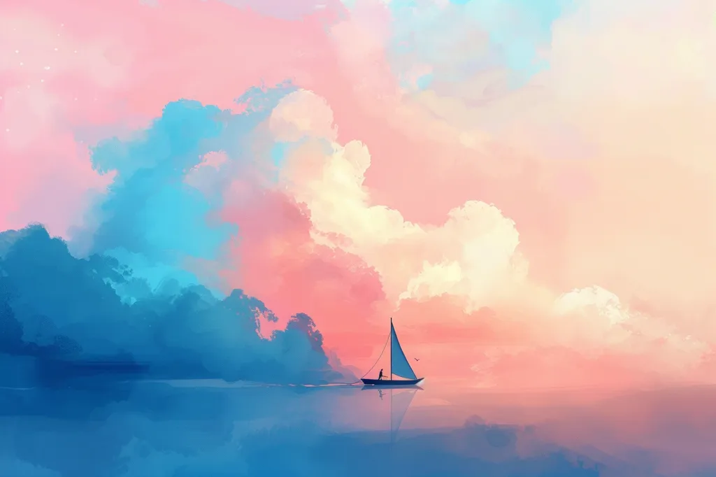 A single sailboat glides across a tranquil body of water, its white sail catching the light of a vibrant, pastel sunset. The sky is a canvas of pink, blue, and white hues, with fluffy clouds floating across the horizon. The reflection of the sailboat and the sky create a serene and dreamy atmosphere.