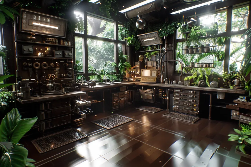 The image shows a futuristic kitchen, with a mix of industrial and natural elements.  A large window looks out onto a lush green forest. The kitchen is equipped with a variety of appliances and machinery, and the walls are lined with shelves. Plants and greenery are abundant, creating a unique and contrasting ambiance. The floor is made of dark tiles and the overall lighting is bright and welcoming.  The image is a captivating blend of technology and nature, creating a sense of wonder and mystery.