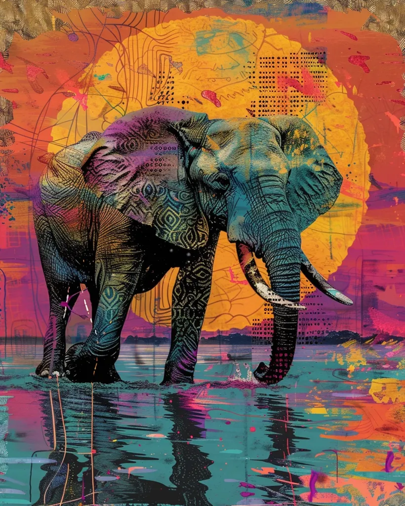 A large elephant, its body covered in intricate patterns, stands in a body of water. The elephant's trunk reaches towards the water, and its reflection is visible in the ripples. The background is a vibrant mix of colors and textures, with a large, orange-yellow sun-like shape dominating the top half of the image.  The entire artwork has a psychedelic feel, with bold colors and abstract details.