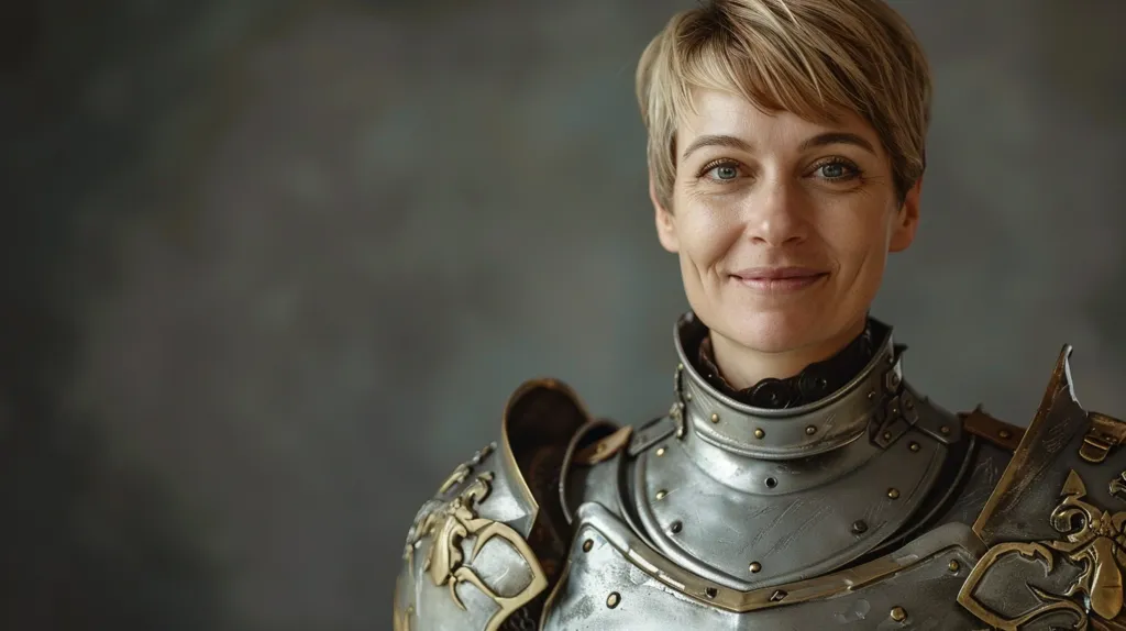 A woman with short blonde hair is wearing a suit of medieval armor. The armor is made of metal and has a silver and gold finish. The woman is smiling, and she looks confident and ready for battle. The background is a muted gray.  She appears strong and capable.
