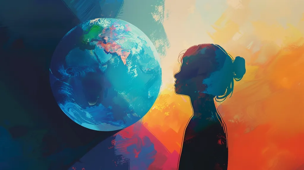The image is a digital painting depicting a large blue Earth, partially visible against a dark blue background.  To the right, a woman’s silhouette is outlined in dark blue, with her hair pulled back in a bun. The background is a vibrant wash of orange and yellow, suggesting a sunset or sunrise. The image portrays a sense of wonder and awe at the beauty of our planet.