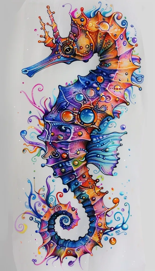 A vibrant, detailed drawing of a seahorse, rendered in a rainbow of colors. The seahorse is intricately patterned with circles, swirls, and geometric shapes, creating a mesmerizing and whimsical effect. It appears to be swimming amongst stylized bubbles and seaweed, adding to the underwater theme. The artwork showcases impressive detail and masterful use of color.