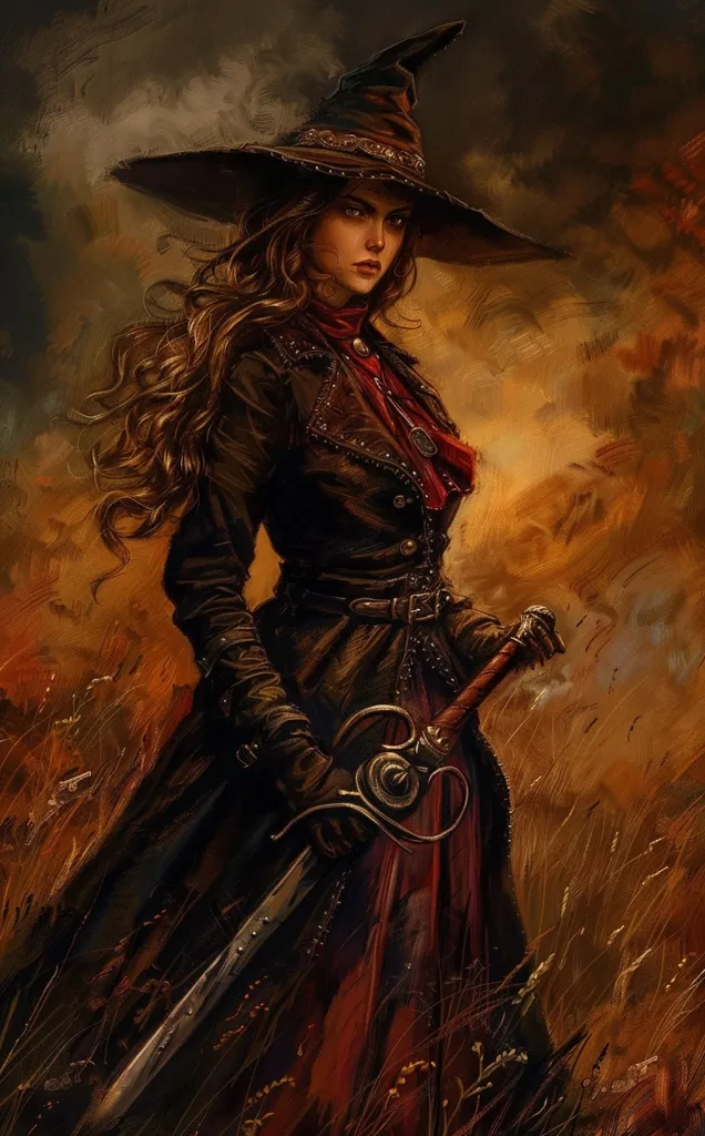 A woman in a long black coat and a pointed hat stands in a field of tall grass. She has long brown hair and holds a sword in her right hand. The background is a blurry, orange and brown landscape. Her expression is stern, her eyes fixed on something in the distance. The image evokes a sense of mystery and adventure.