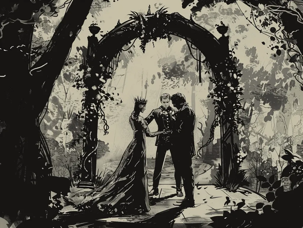 A shadowy scene of a wedding ceremony taking place in a forest. A bride in a white gown stands with her groom and another man under an archway of vines and flowers. The image is in black and white with a misty, ethereal feel. The background is filled with trees and foliage, creating a sense of secrecy and magic. The figures are barely visible against the dark background, adding to the mystery of the scene.