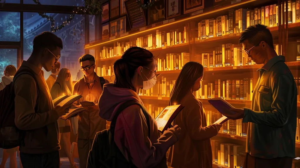 A group of people browse the shelves of a bookstore, illuminated by warm, golden light. They are immersed in the world of literature, each holding a book and looking intently at its pages. The bookshelves are filled with rows of colorful spines, inviting the readers to explore new worlds and adventures. The scene captures the cozy atmosphere of a bookstore and the magic of reading.