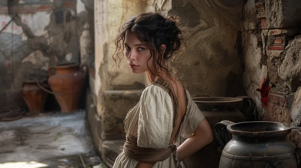 A young woman with long, dark, curly hair, wearing a white linen dress with a brown sash, stands in a dimly lit, ancient setting. Her back is to the camera, and she gazes over her shoulder with an intense expression. The background features crumbling stone walls, and clay pots in various sizes. The overall atmosphere is one of mystery and intrigue.