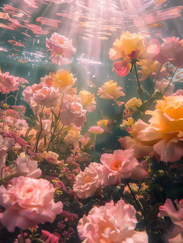 A vibrant underwater garden, with delicate pink and yellow roses blooming in the sunlit water. The light filters through the surface, creating a shimmering effect around the flowers. Some roses are fully open, while others are still in bud. The overall image evokes a sense of beauty, fragility, and the wonders of nature.