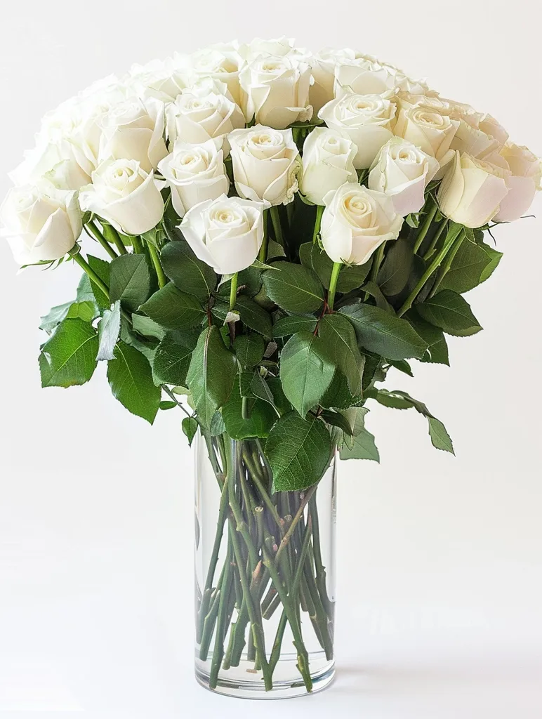 A large bouquet of white roses sits in a clear glass vase. The roses are arranged in a loose, natural style, with the stems extending out from the vase. The leaves are a deep green, providing a beautiful contrast to the white blooms. The background is a simple white, allowing the flowers to take center stage. The image conveys a sense of elegance and purity.