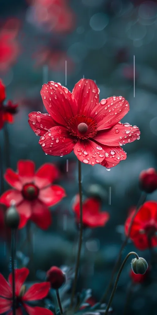 A single, vibrant red flower, covered in glistening raindrops, stands out against a backdrop of blurred red blooms and a deep, blue-green foliage.  The rain falls softly, creating a serene atmosphere.  The delicate petals of the flower are highlighted by the water droplets, showcasing their intricate beauty. The image evokes a sense of tranquility and the quiet beauty of nature.