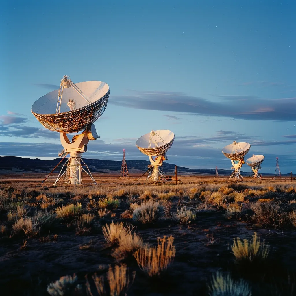 Four large satellite dishes stand tall in a desert landscape at sunset. The dishes are pointed towards the sky, their white surfaces reflecting the golden light of the setting sun. The surrounding desert is covered in dry, brown brush, with a few small trees scattered about. A faint trail of stars can be seen in the twilight sky.  The image evokes a sense of vastness, solitude, and the ongoing search for knowledge and understanding of the universe.