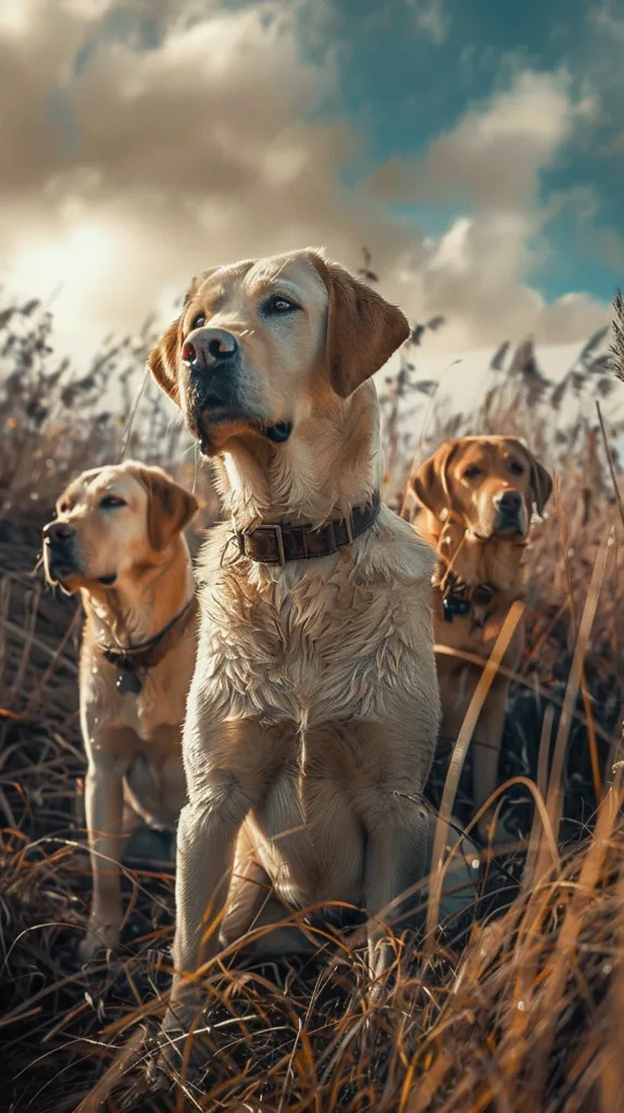 Three golden retriever dogs stand in a field of tall grass. The dog in the center is the largest and is facing the camera with a thoughtful expression.  The dog on the left is facing to the side, while the dog on the right is looking down. The sky above is a mix of white and blue clouds.