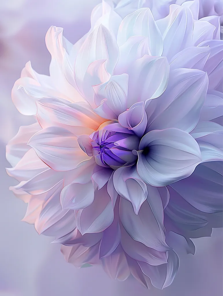 The image shows a close-up of a pale lavender dahlia flower. The petals are delicate and soft, with a hint of purple at the center. The flower is in focus, while the background is blurred, creating a dreamy effect. The image is a celebration of the beauty and fragility of nature.