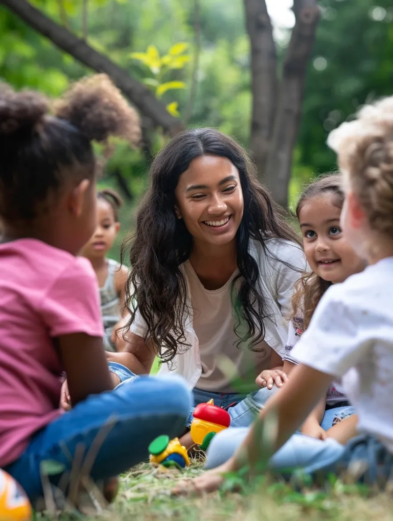 A group of children sit in a grassy area, surrounded by greenery. The woman in the center is smiling and looking at the child on her right. The children are engaged in a playful activity, possibly with a toy.  The scene depicts a moment of joy and connection between children and a caring adult.