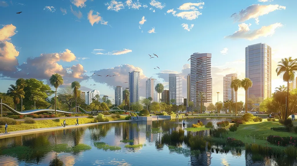 The image showcases a modern cityscape with a serene park setting. Tall, sleek skyscrapers dominate the skyline, while a tranquil pond reflects the blue sky and fluffy clouds. Lush greenery lines the pond's edge, with palm trees adding a tropical touch. A curving pedestrian bridge connects the park to the bustling city, offering a picturesque view. The scene portrays a harmonious blend of urban architecture and natural beauty.