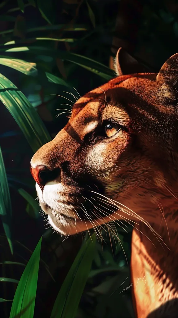 A close-up shot of a large cat's face, with its golden eye gleaming in the sunlight. The cat is partially hidden in the shadows of the lush green foliage, only its head and part of its body visible. The image captures the wild beauty of the animal and the intricate details of its fur. The overall mood is one of mystery and intrigue.