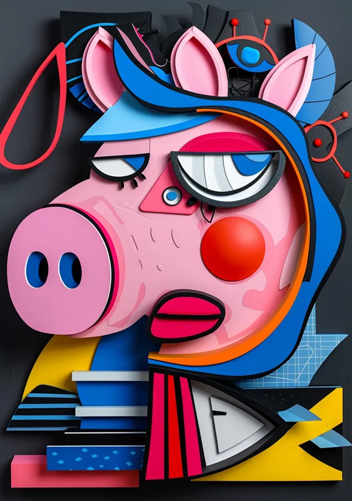 A close-up portrait of a pig with bold, colorful features. Its snout is pink, with large, blue nostrils. One eye is open, showing a blue iris and a thick black lash, while the other eye is closed, with a white sclera and a dark blue iris. The pig's face is surrounded by a blue, orange, and black halo, and the background is a dark grey, with geometric shapes and patterns. The artwork is made of colorful, 3D paper, creating a textured and vibrant effect.  The overall tone is playful and whimsical, yet bold and striking.