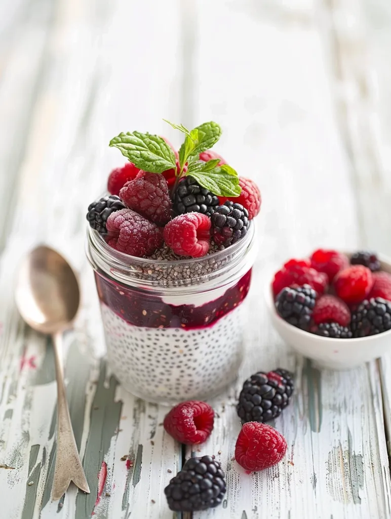 A glass jar filled with a layered dessert of chia pudding, a red berry sauce and topped with fresh raspberries and blackberries. A sprig of mint sits on top. The jar sits on a whitewashed wooden table with a spoon and scattered blackberries and raspberries around it.  A small white bowl filled with raspberries and blackberries sits to the right of the jar.
