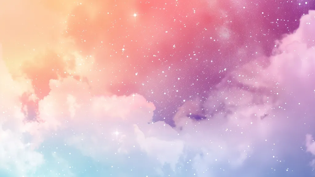 A dreamy, pastel-colored sky with scattered white stars. The sky transitions from peach to lavender, with fluffy white clouds creating a soft, ethereal atmosphere. It evokes feelings of peace, wonder, and tranquility.